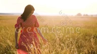 美丽的年轻女孩与野花在田野上散步，在户外享受大自然的慢动作<strong>视频</strong>。 在<strong>战场</strong>上的女孩